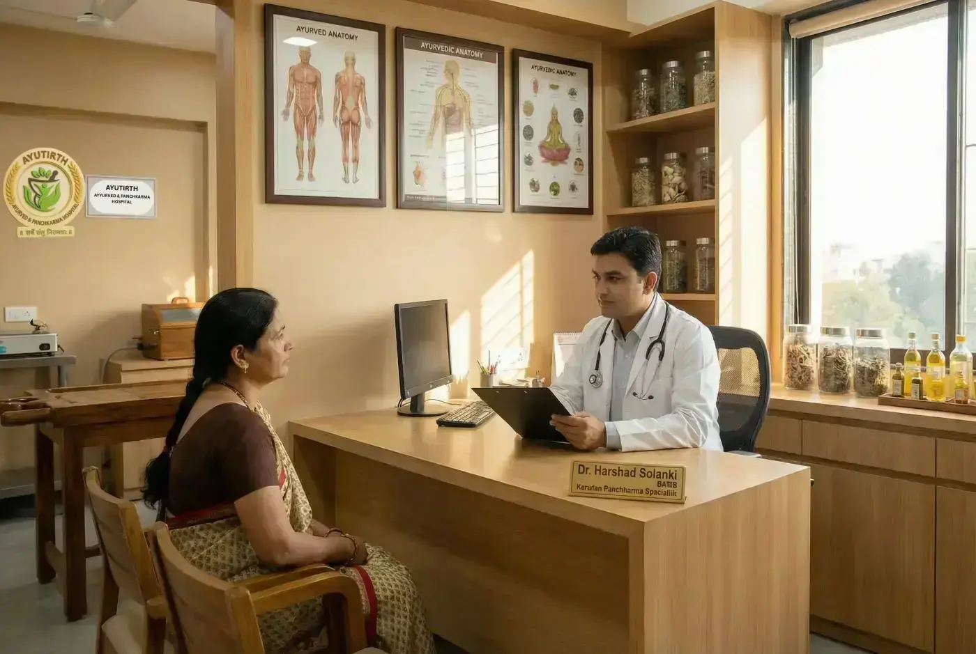 Ayurvedic doctor consultation room at Ayutirth Ayurved & Panchkarma Hospital in Gota Ahmedabad