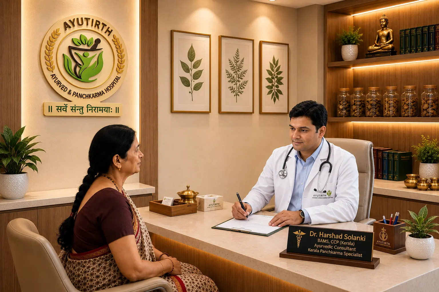 Ayurvedic doctor consultation room at Ayutirth Ayurved & Panchkarma Hospital in Gota Ahmedabad